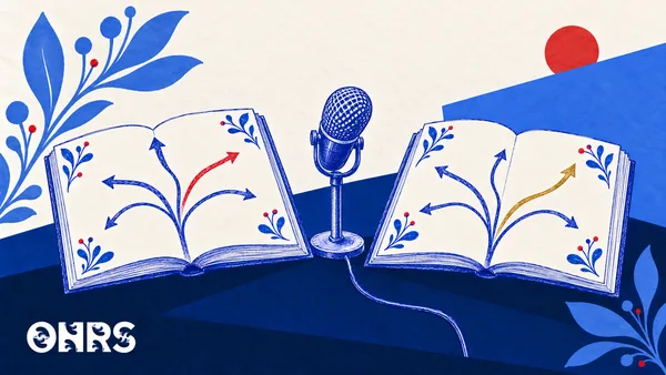 Blue pen illustration of two open books with branching paths and a discussion microphone, with the ONRS logo.