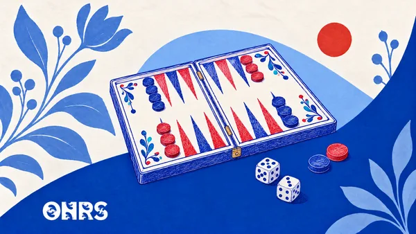 Pen-drawn backgammon board, counters and dice with blue floral motifs and the ONRS logo.
