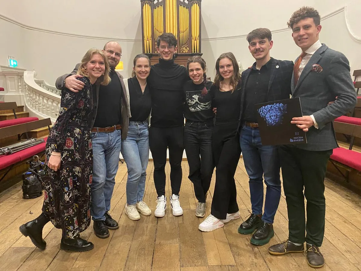Members of the ONRS committee at Holywell Music Room after a concert by Boris Grebenshchikov and BG+, 17 February 2023, Oxford.