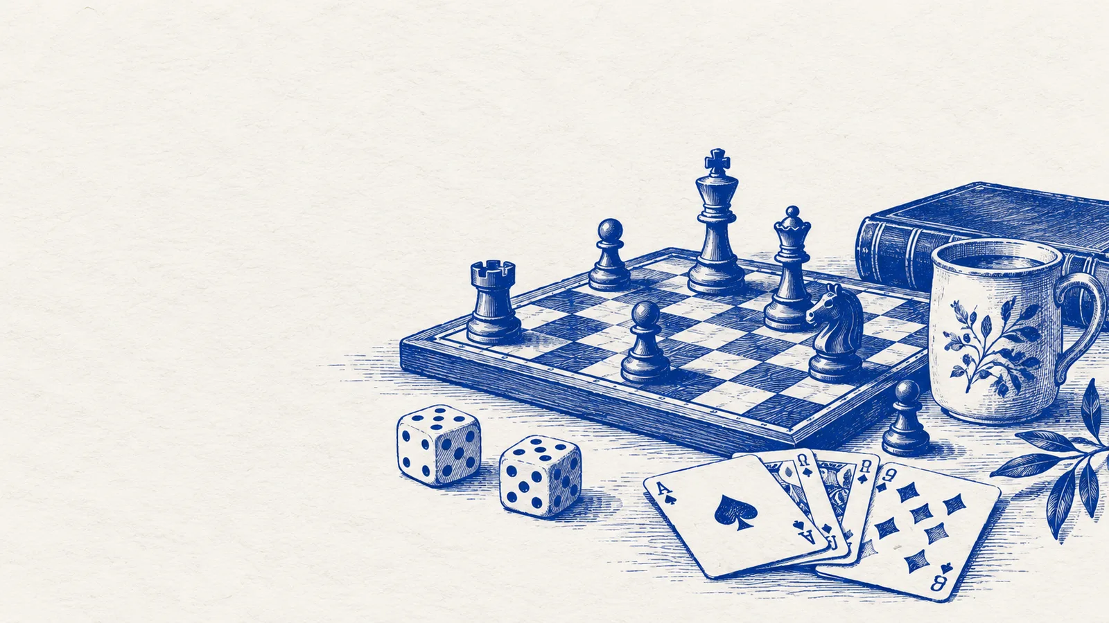 Cobalt illustration of chess pieces, dice and playing cards arranged on a tabletop.