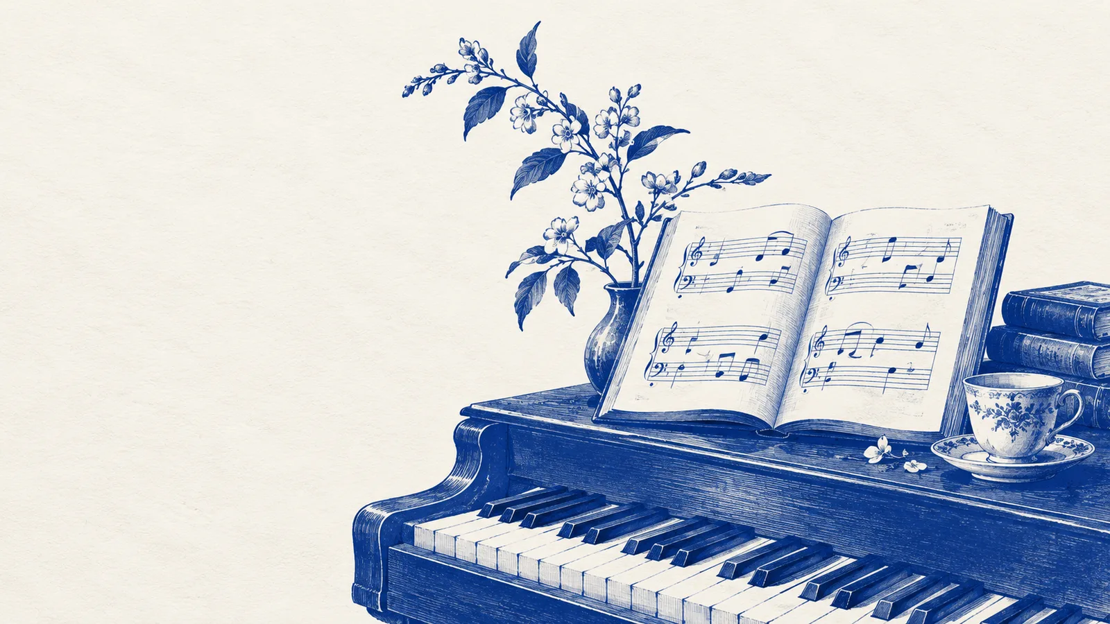 Cobalt illustration of piano keys, an open music score and a delicate botanical branch.