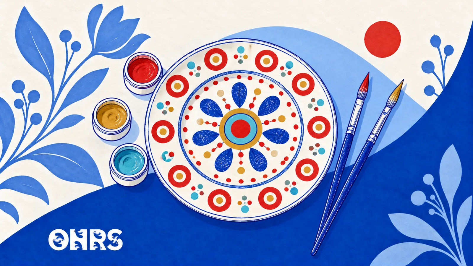 Hand-drawn decorated pottery plate, paint pots and brushes with colourful folk-art circles and the ONRS logo.