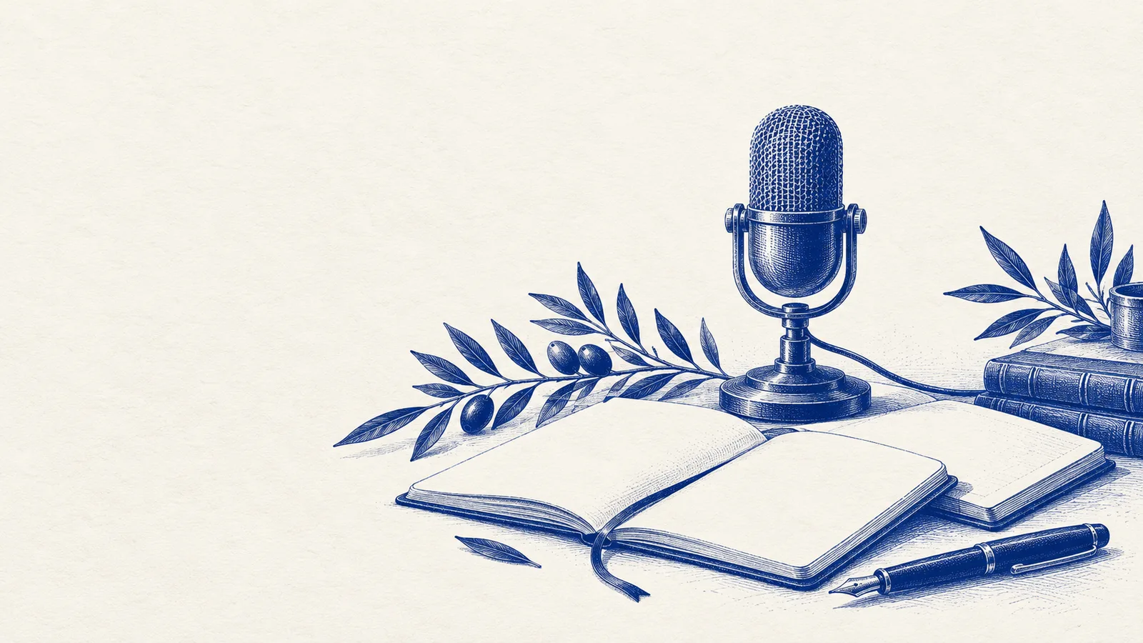 Cobalt illustration of a tabletop microphone, open books, a fountain pen and a leafy sprig.