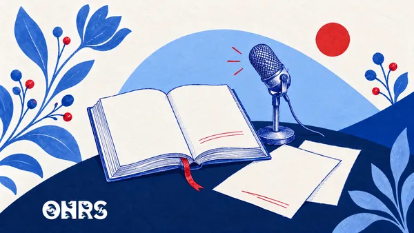 Blue pen illustration of an open book, archival notes and a microphone with red accents and the ONRS logo.