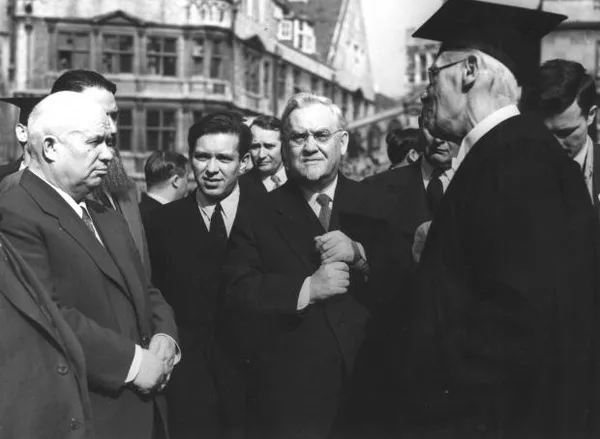 Nikita Khrushchev (on the left) and Nikolai Bulganin on the grounds of Oxford University, April 1956.