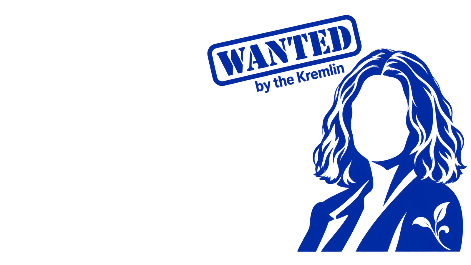 Simple cobalt-blue silhouette of Ksenia Maximova with a “Wanted by the Kremlin” stamp