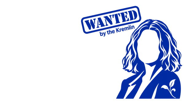 Simple cobalt-blue silhouette of Ksenia Maximova with a “Wanted by the Kremlin” stamp